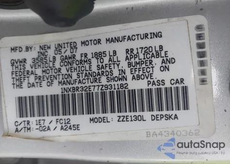 2007 Toyota Corolla S from USA, damaged, VIN 1NXBR32E77Z931182